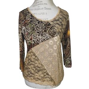 Dress Barn Y2K Sheer Mesh Lace Patchwork Top Womens Medium Brown Fairy Grunge
